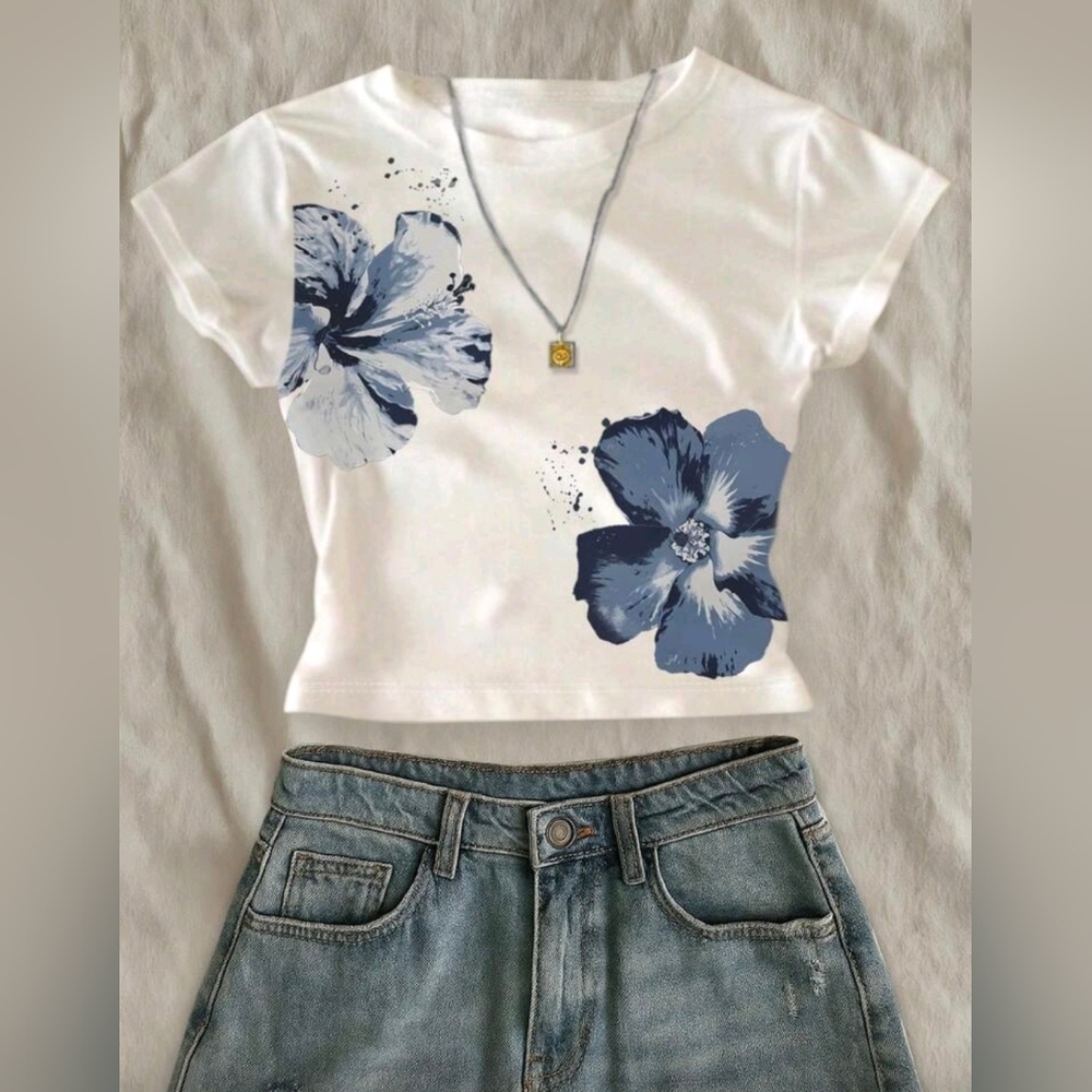 Floral Print White and Blue Women's Top